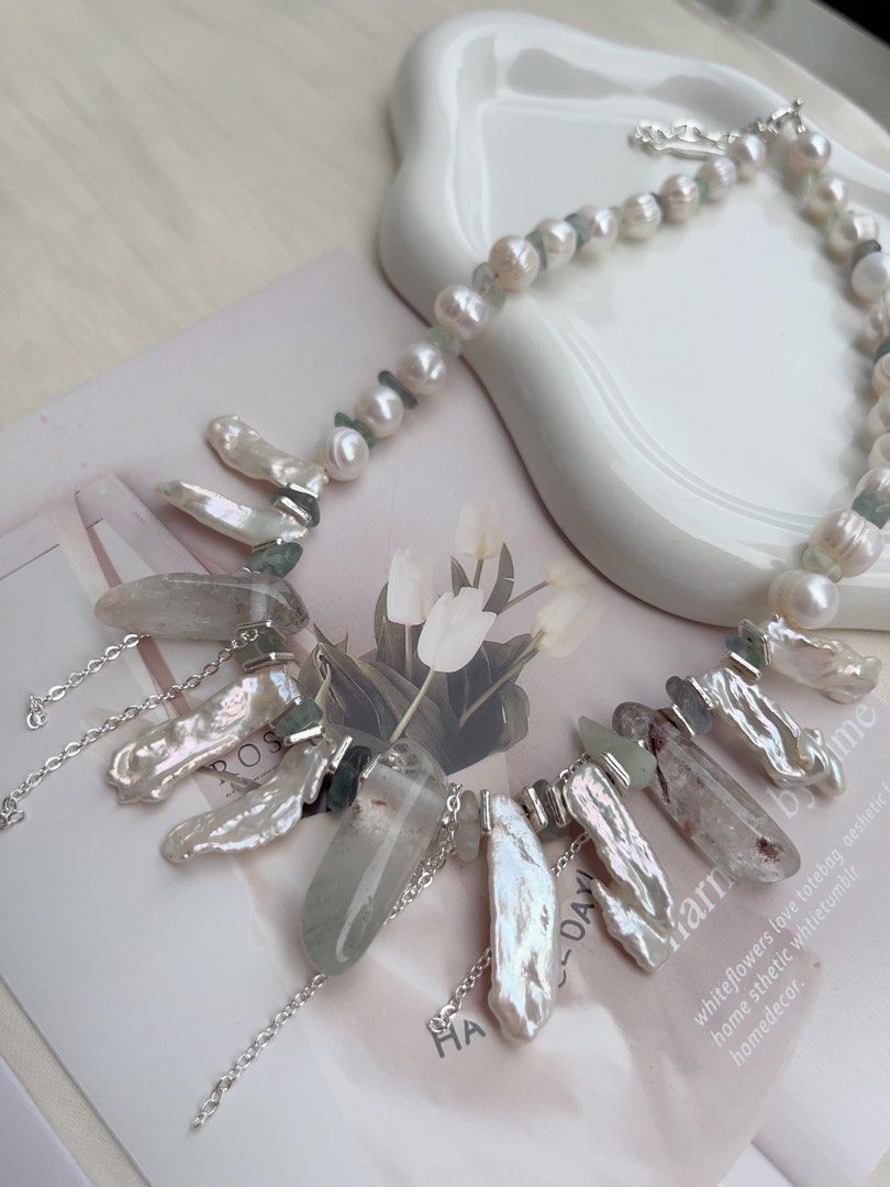#PN1055 Freshwater Pearl Necklace | 40+5cm| Lute Pearl | Garden Quartz Tower| Lustrous | Natural Stones | Growth Lines| Bohemia Style | Christmas Gift 💝 Option| Free Gift Card| Angels Wings