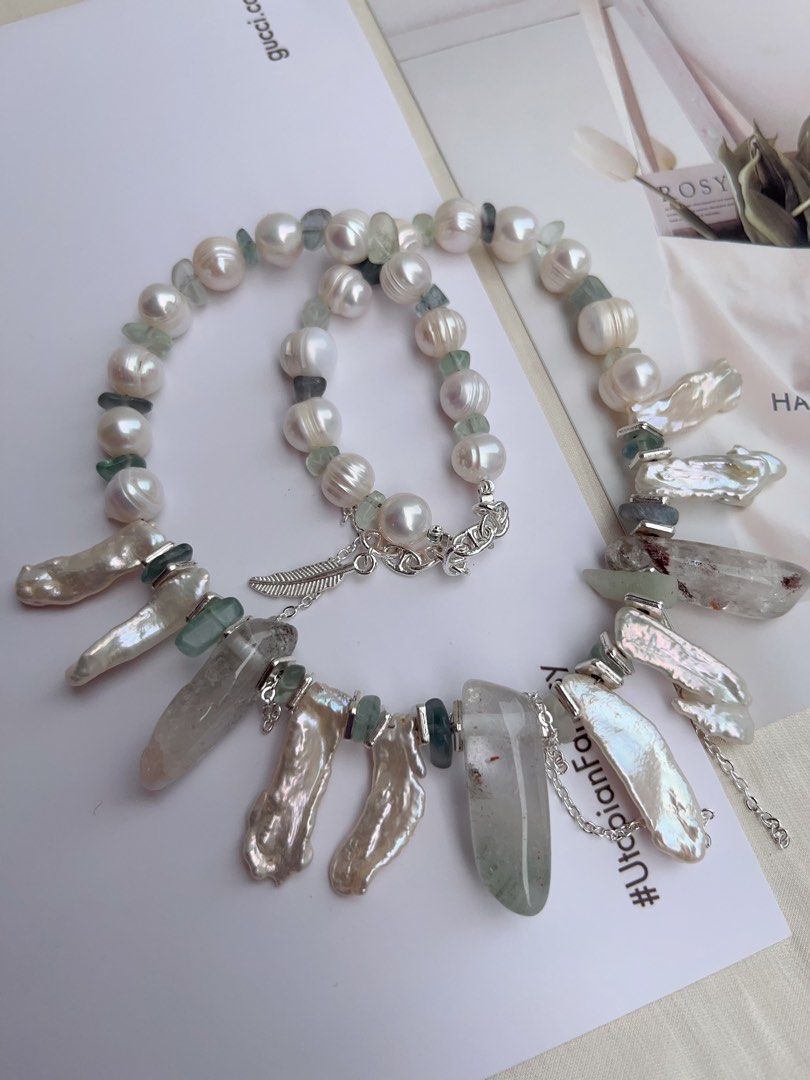 #PN1055 Freshwater Pearl Necklace | 40+5cm| Lute Pearl | Garden Quartz Tower| Lustrous | Natural Stones | Growth Lines| Bohemia Style | Christmas Gift 💝 Option| Free Gift Card| Angels Wings
