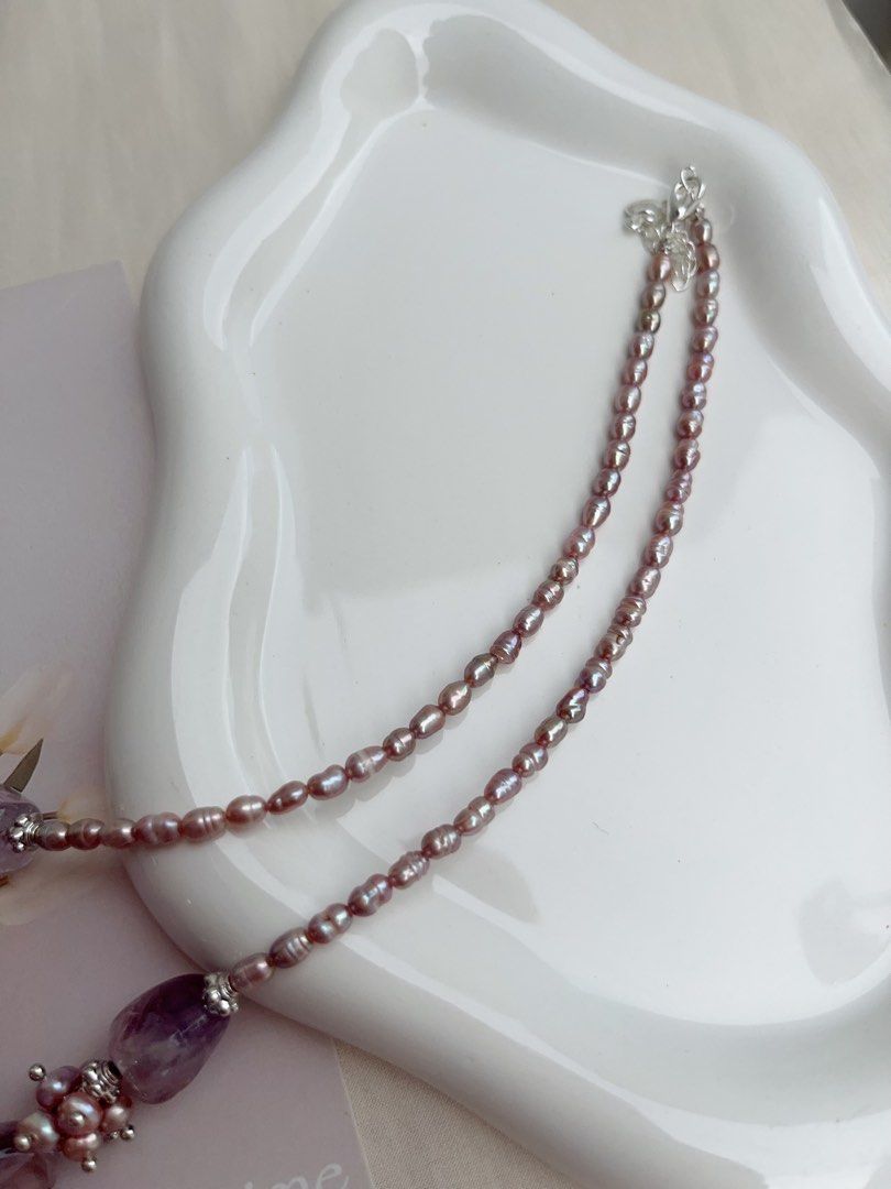 #PN1056 [Customer Appreciation] [Floral Series] Freshwater Pearl Necklace | Amethyst Freeform | Lavender Baby Pearl | 40+5cm| Rice Baroque | Mysterious Purple | Christmas 🎅 Gift