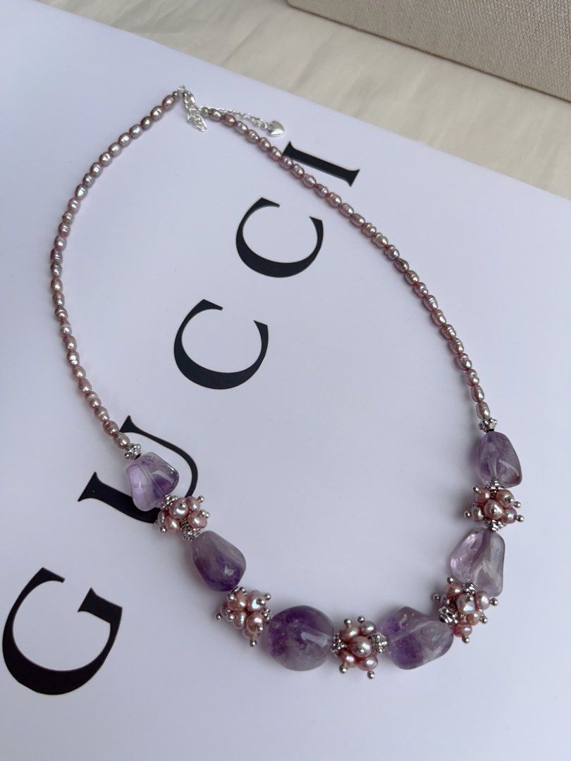 #PN1056 [Customer Appreciation] [Floral Series] Freshwater Pearl Necklace | Amethyst Freeform | Lavender Baby Pearl | 40+5cm| Rice Baroque | Mysterious Purple | Christmas 🎅 Gift