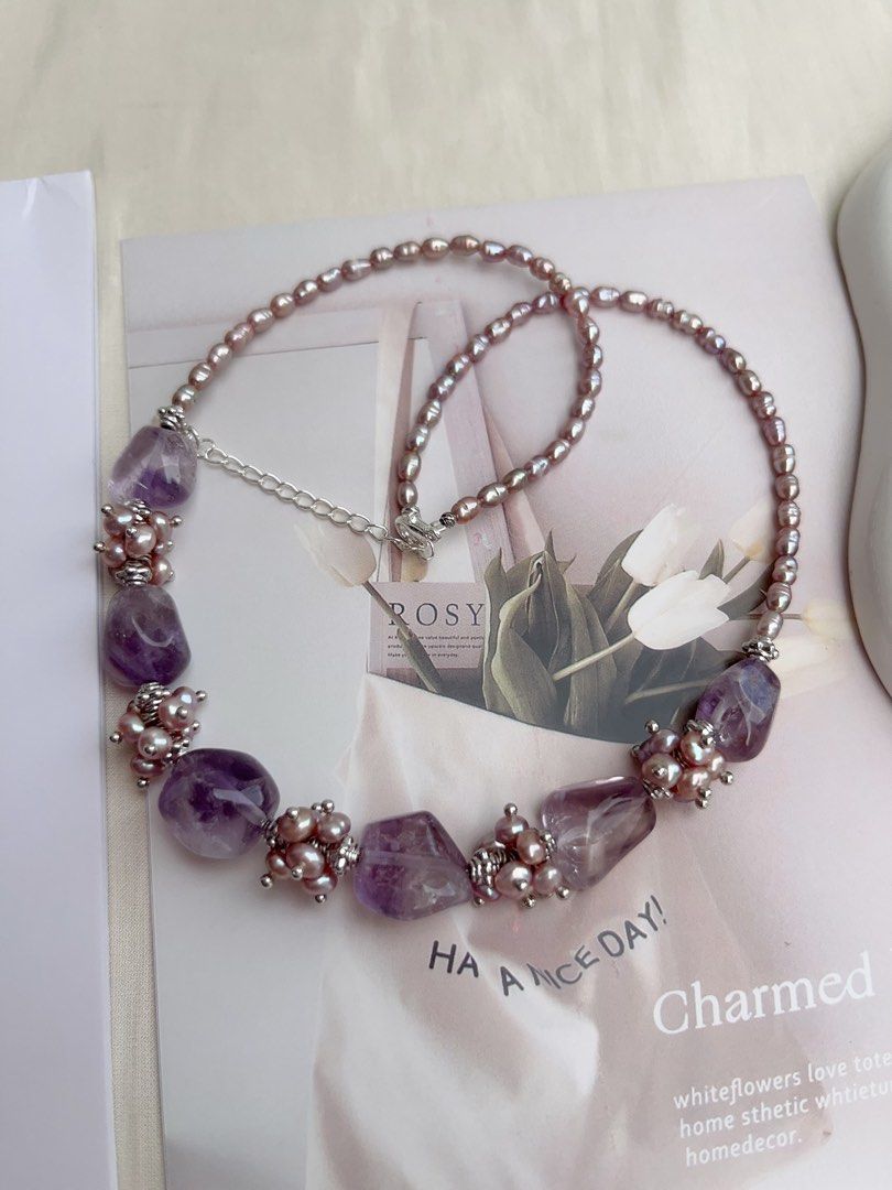 #PN1056 [Customer Appreciation] [Floral Series] Freshwater Pearl Necklace | Amethyst Freeform | Lavender Baby Pearl | 40+5cm| Rice Baroque | Mysterious Purple | Christmas 🎅 Gift