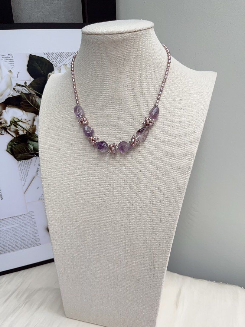 #PN1056 [Customer Appreciation] [Floral Series] Freshwater Pearl Necklace | Amethyst Freeform | Lavender Baby Pearl | 40+5cm| Rice Baroque | Mysterious Purple | Christmas 🎅 Gift