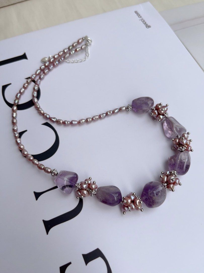 #PN1056 [Customer Appreciation] [Floral Series] Freshwater Pearl Necklace | Amethyst Freeform | Lavender Baby Pearl | 40+5cm| Rice Baroque | Mysterious Purple | Christmas 🎅 Gift