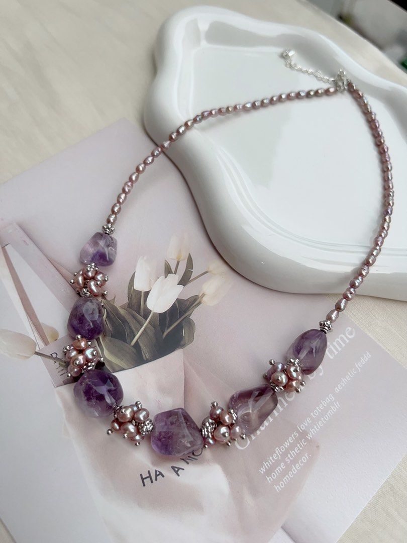 #PN1056 [Customer Appreciation] [Floral Series] Freshwater Pearl Necklace | Amethyst Freeform | Lavender Baby Pearl | 40+5cm| Rice Baroque | Mysterious Purple | Christmas 🎅 Gift