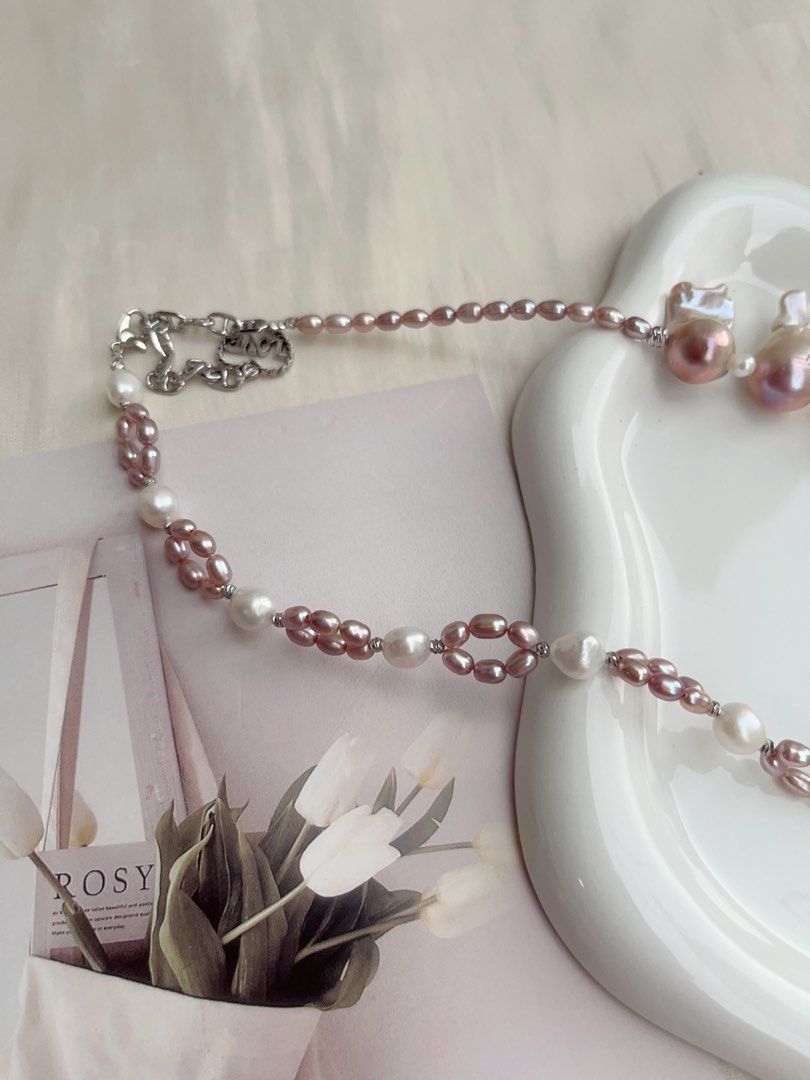 #PN1059 Freshwater Pearl Necklace | Small Heart in Big Heart ♥️ | Pink-purple Fishtail Baroque | Braided Design | Strong Personality | 38+5cm| Lustrous | Natural Flaws | Christmas Gift 💝 | Flowing Wind
