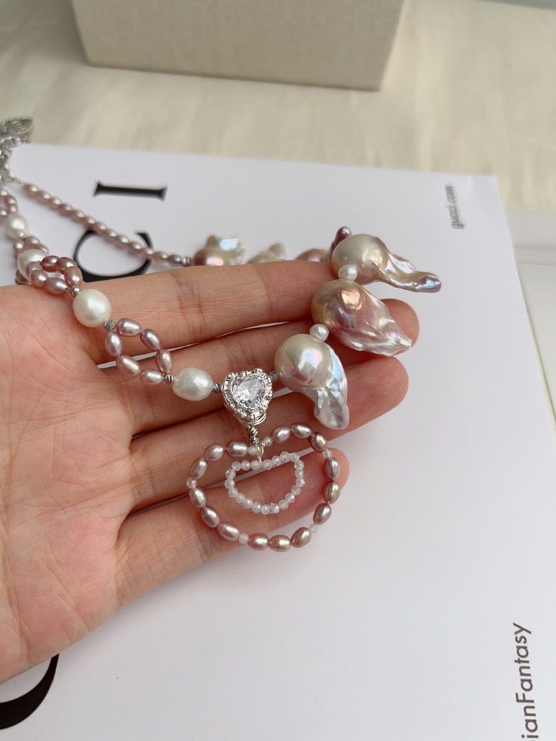 #PN1059 Freshwater Pearl Necklace | Small Heart in Big Heart ♥️ | Pink-purple Fishtail Baroque | Braided Design | Strong Personality | 38+5cm| Lustrous | Natural Flaws | Christmas Gift 💝 | Flowing Wind