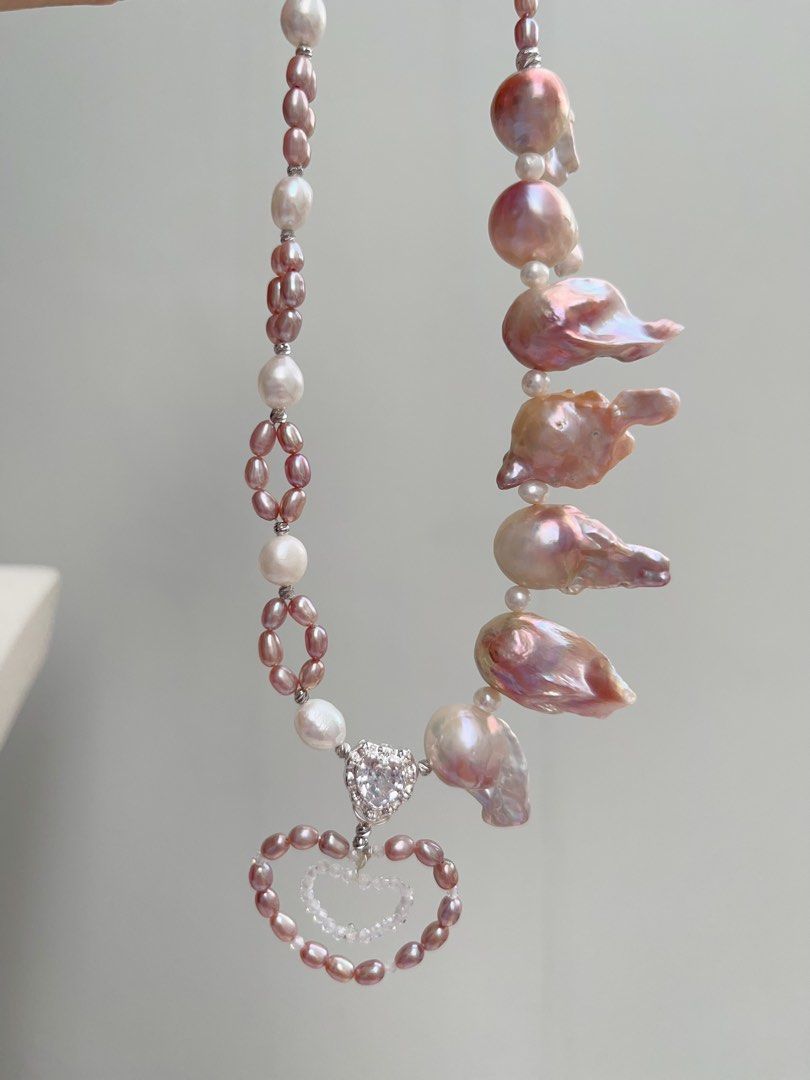 #PN1059 Freshwater Pearl Necklace | Small Heart in Big Heart ♥️ | Pink-purple Fishtail Baroque | Braided Design | Strong Personality | 38+5cm| Lustrous | Natural Flaws | Christmas Gift 💝 | Flowing Wind