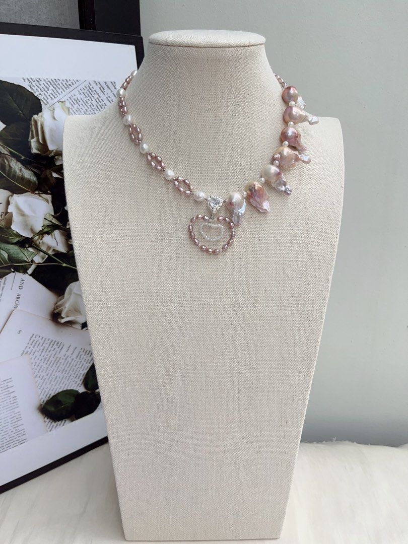 #PN1059 Freshwater Pearl Necklace | Small Heart in Big Heart ♥️ | Pink-purple Fishtail Baroque | Braided Design | Strong Personality | 38+5cm| Lustrous | Natural Flaws | Christmas Gift 💝 | Flowing Wind