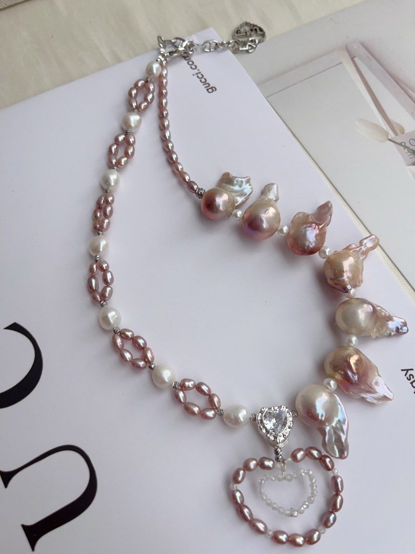 #PN1059 Freshwater Pearl Necklace | Small Heart in Big Heart ♥️ | Pink-purple Fishtail Baroque | Braided Design | Strong Personality | 38+5cm| Lustrous | Natural Flaws | Christmas Gift 💝 | Flowing Wind