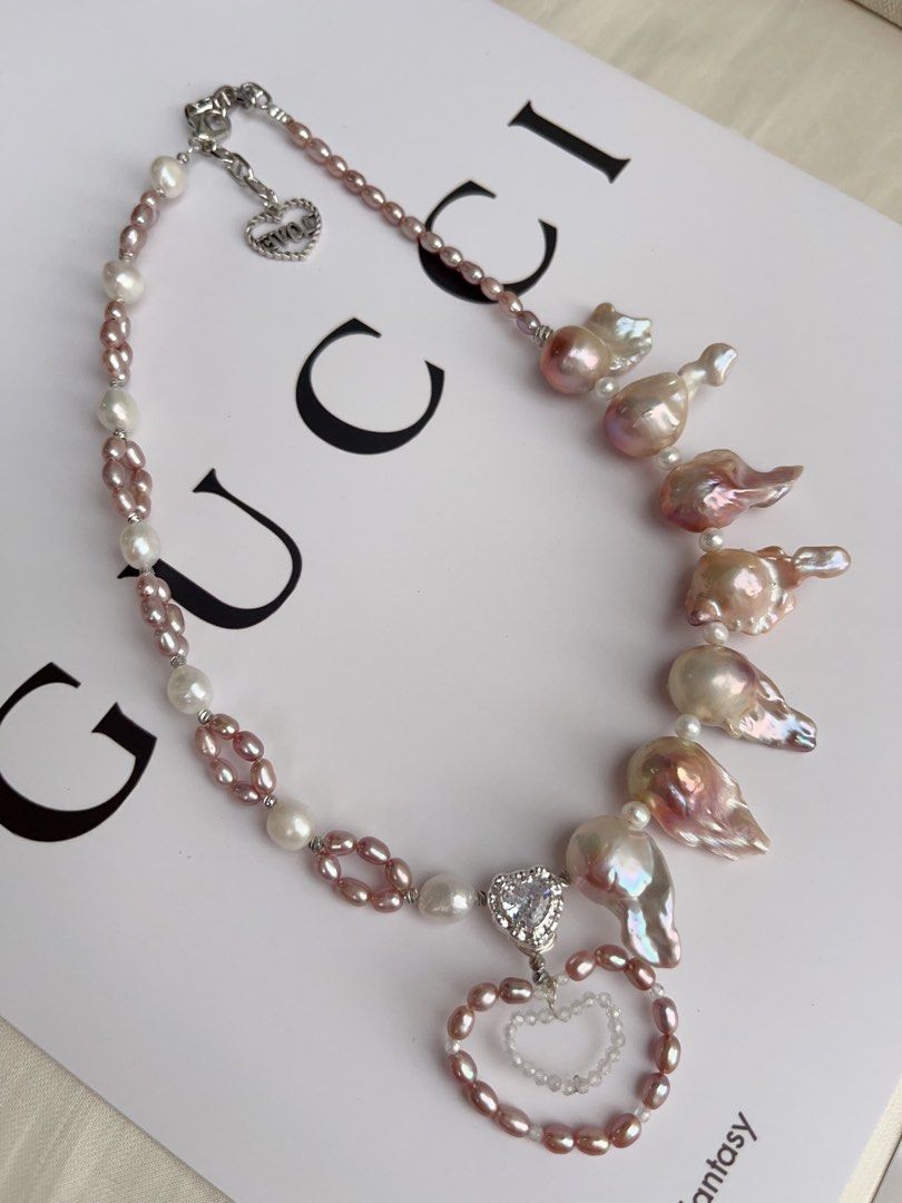 #PN1059 Freshwater Pearl Necklace | Small Heart in Big Heart ♥️ | Pink-purple Fishtail Baroque | Braided Design | Strong Personality | 38+5cm| Lustrous | Natural Flaws | Christmas Gift 💝 | Flowing Wind