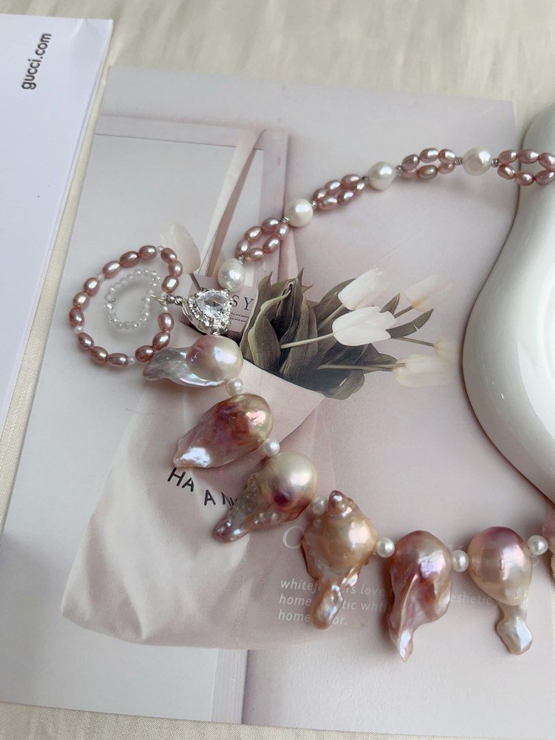 #PN1059 Freshwater Pearl Necklace | Small Heart in Big Heart ♥️ | Pink-purple Fishtail Baroque | Braided Design | Strong Personality | 38+5cm| Lustrous | Natural Flaws | Christmas Gift 💝 | Flowing Wind