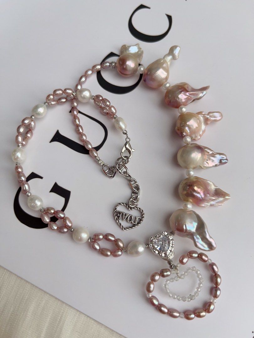 #PN1059 Freshwater Pearl Necklace | Small Heart in Big Heart ♥️ | Pink-purple Fishtail Baroque | Braided Design | Strong Personality | 38+5cm| Lustrous | Natural Flaws | Christmas Gift 💝 | Flowing Wind