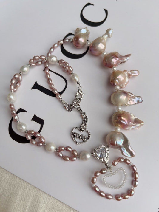 #PN1059 Freshwater Pearl Necklace | Small Heart in Big Heart ♥️ | Pink-purple Fishtail Baroque | Braided Design | Strong Personality | 38+5cm| Lustrous | Natural Flaws | Christmas Gift 💝 | Flowing Wind