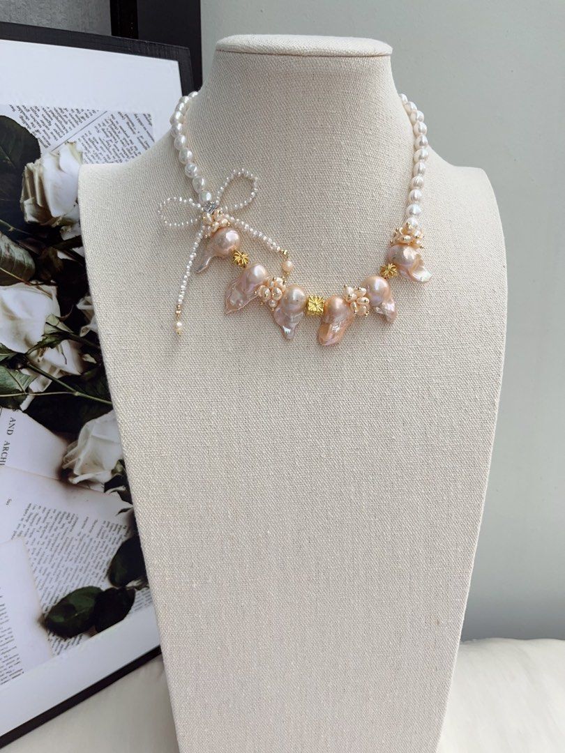 #PN1061 [Floral Series] Freshwater Pearl Necklace | Orange Cream| Golden Lustre | Fishtail Baroque | 40+5cm| Bow Tie Design| Lustrous | Sweet & Cool| Special Occasion | Christmas Gift 💝 | Mood Changer