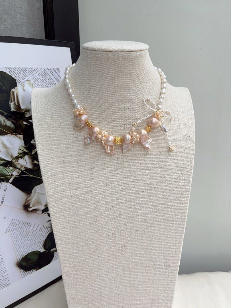 #PN1061 [Floral Series] Freshwater Pearl Necklace | Orange Cream| Golden Lustre | Fishtail Baroque | 40+5cm| Bow Tie Design| Lustrous | Sweet & Cool| Special Occasion | Christmas Gift 💝 | Mood Changer