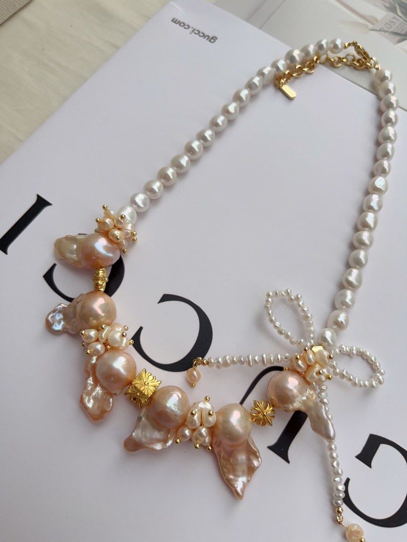 #PN1061 [Floral Series] Freshwater Pearl Necklace | Orange Cream| Golden Lustre | Fishtail Baroque | 40+5cm| Bow Tie Design| Lustrous | Sweet & Cool| Special Occasion | Christmas Gift 💝 | Mood Changer