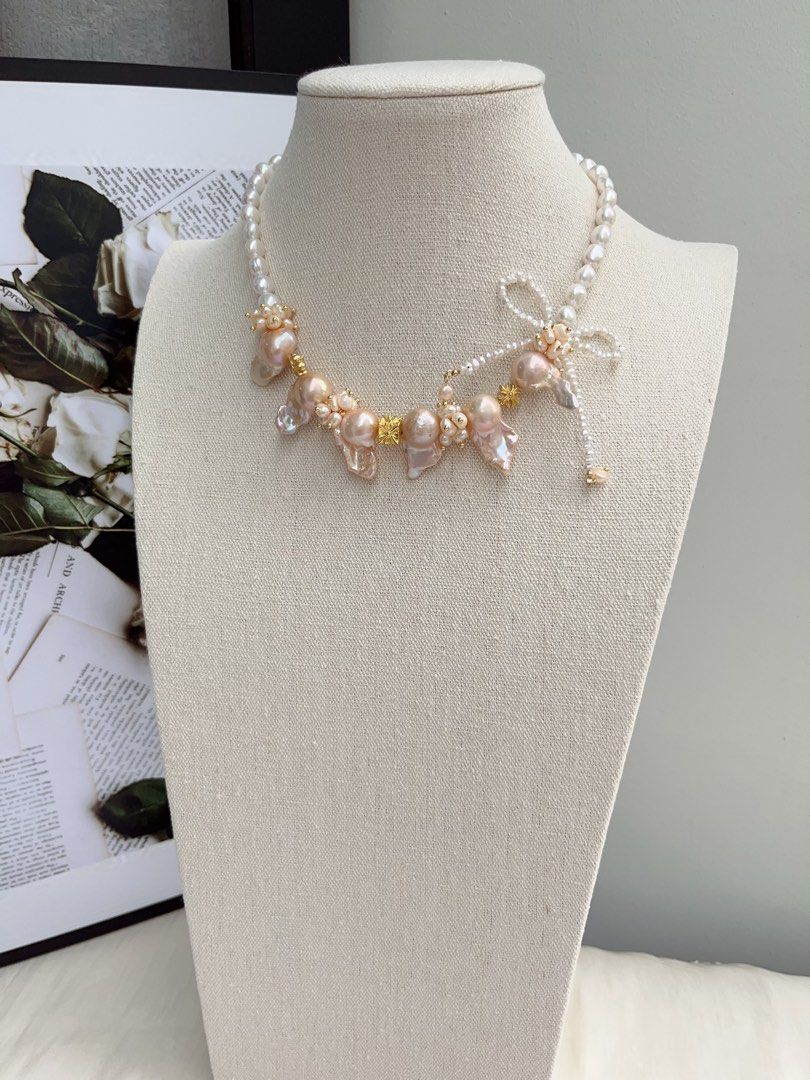 #PN1061 [Floral Series] Freshwater Pearl Necklace | Orange Cream| Golden Lustre | Fishtail Baroque | 40+5cm| Bow Tie Design| Lustrous | Sweet & Cool| Special Occasion | Christmas Gift 💝 | Mood Changer