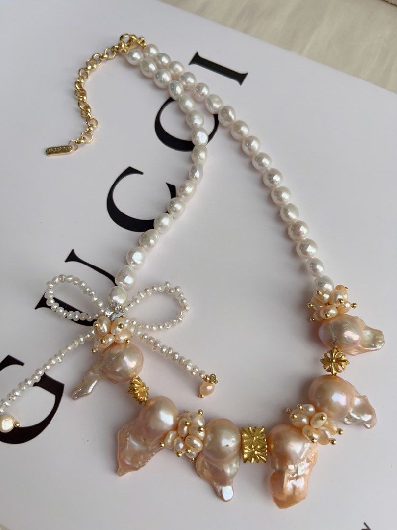 #PN1061 [Floral Series] Freshwater Pearl Necklace | Orange Cream| Golden Lustre | Fishtail Baroque | 40+5cm| Bow Tie Design| Lustrous | Sweet & Cool| Special Occasion | Christmas Gift 💝 | Mood Changer