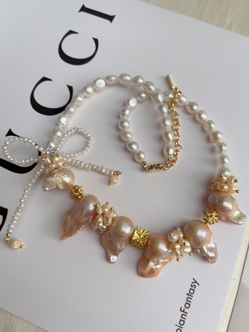 #PN1061 [Floral Series] Freshwater Pearl Necklace | Orange Cream| Golden Lustre | Fishtail Baroque | 40+5cm| Bow Tie Design| Lustrous | Sweet & Cool| Special Occasion | Christmas Gift 💝 | Mood Changer