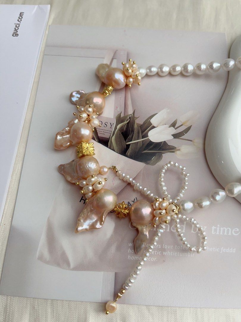 #PN1061 [Floral Series] Freshwater Pearl Necklace | Orange Cream| Golden Lustre | Fishtail Baroque | 40+5cm| Bow Tie Design| Lustrous | Sweet & Cool| Special Occasion | Christmas Gift 💝 | Mood Changer