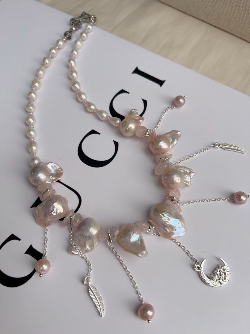 #PN1062 Freshwater Pearl Necklace | Pink Lustre Fishtail Baroque | Rose Quartz Chips| Dangling Pearls| 43cm| Wings of Angels | Moon, Feather 🪶 | Christmas Gift 💝 | Princess Vibe