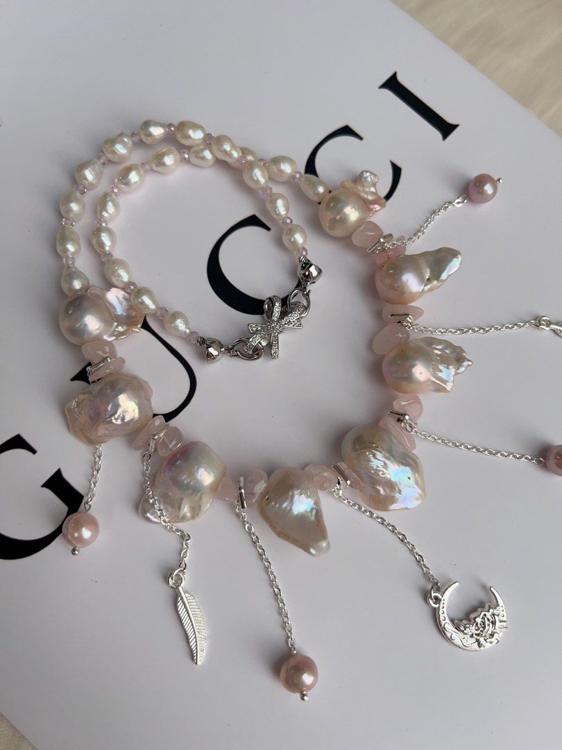#PN1062 Freshwater Pearl Necklace | Pink Lustre Fishtail Baroque | Rose Quartz Chips| Dangling Pearls| 43cm| Wings of Angels | Moon, Feather 🪶 | Christmas Gift 💝 | Princess Vibe
