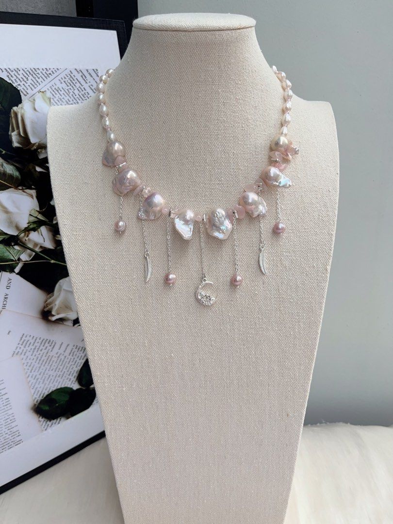 #PN1062 Freshwater Pearl Necklace | Pink Lustre Fishtail Baroque | Rose Quartz Chips| Dangling Pearls| 43cm| Wings of Angels | Moon, Feather 🪶 | Christmas Gift 💝 | Princess Vibe
