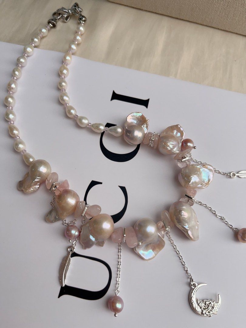 #PN1062 Freshwater Pearl Necklace | Pink Lustre Fishtail Baroque | Rose Quartz Chips| Dangling Pearls| 43cm| Wings of Angels | Moon, Feather 🪶 | Christmas Gift 💝 | Princess Vibe