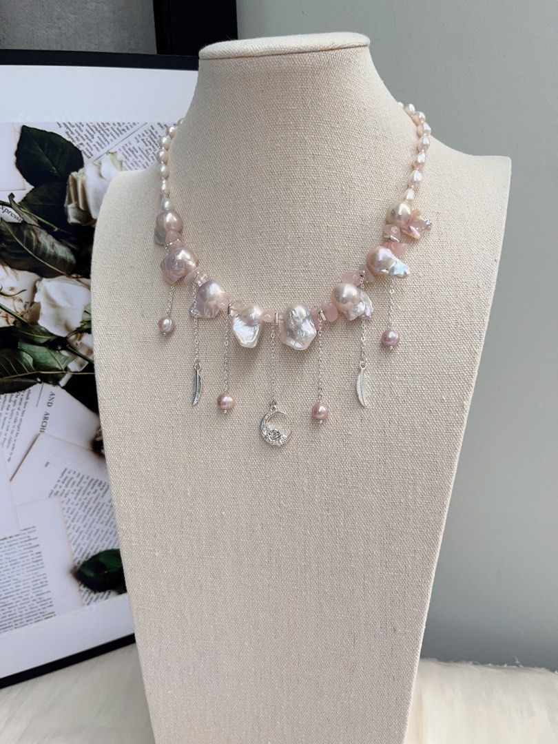 #PN1062 Freshwater Pearl Necklace | Pink Lustre Fishtail Baroque | Rose Quartz Chips| Dangling Pearls| 43cm| Wings of Angels | Moon, Feather 🪶 | Christmas Gift 💝 | Princess Vibe
