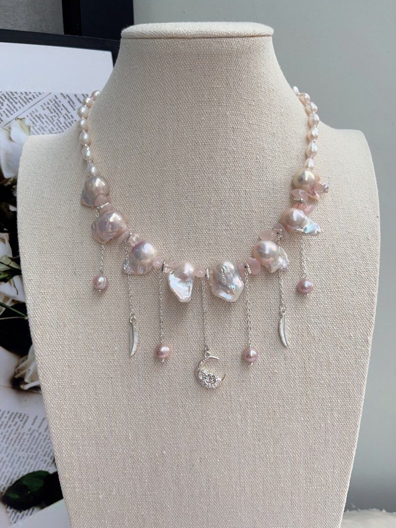 #PN1062 Freshwater Pearl Necklace | Pink Lustre Fishtail Baroque | Rose Quartz Chips| Dangling Pearls| 43cm| Wings of Angels | Moon, Feather 🪶 | Christmas Gift 💝 | Princess Vibe