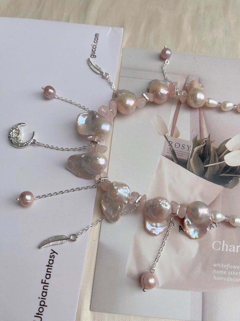 #PN1062 Freshwater Pearl Necklace | Pink Lustre Fishtail Baroque | Rose Quartz Chips| Dangling Pearls| 43cm| Wings of Angels | Moon, Feather 🪶 | Christmas Gift 💝 | Princess Vibe
