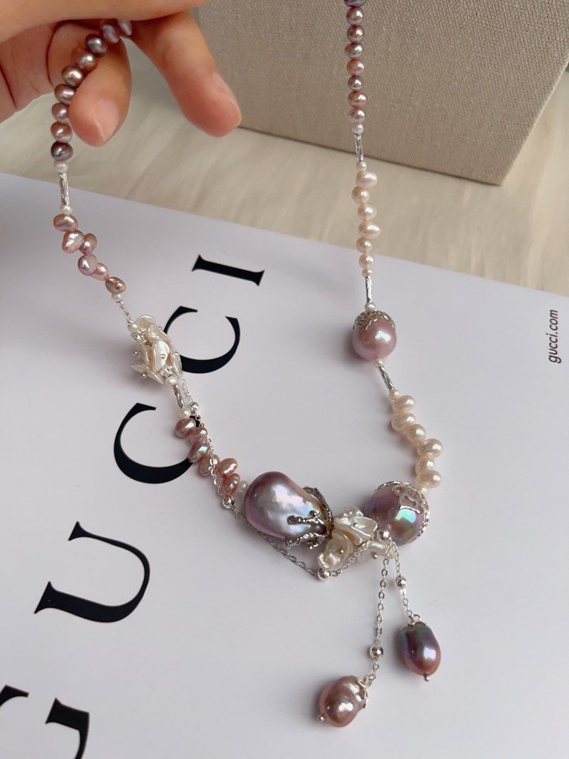 #PN1063 [Floral Series] Freshwater Pearl Necklace | Wheat Ear Rice Pearl | Big Purple Baroque | White Petals | Excellent Lustre | Dangling 🍆 Baroque | Flower Clasp| 41cm| Avocado | Christmas Gift 💝 | Romance Starts