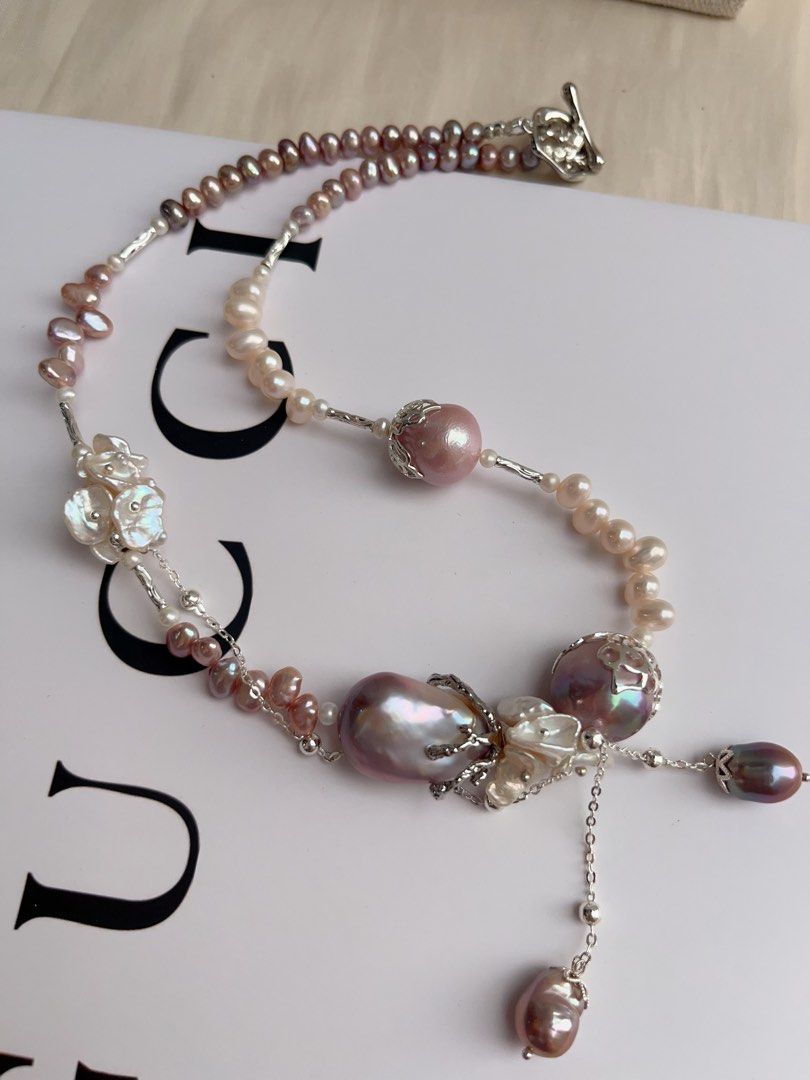 #PN1063 [Floral Series] Freshwater Pearl Necklace | Wheat Ear Rice Pearl | Big Purple Baroque | White Petals | Excellent Lustre | Dangling 🍆 Baroque | Flower Clasp| 41cm| Avocado | Christmas Gift 💝 | Romance Starts