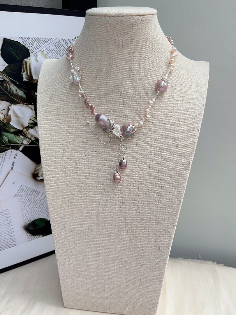 #PN1063 [Floral Series] Freshwater Pearl Necklace | Wheat Ear Rice Pearl | Big Purple Baroque | White Petals | Excellent Lustre | Dangling 🍆 Baroque | Flower Clasp| 41cm| Avocado | Christmas Gift 💝 | Romance Starts