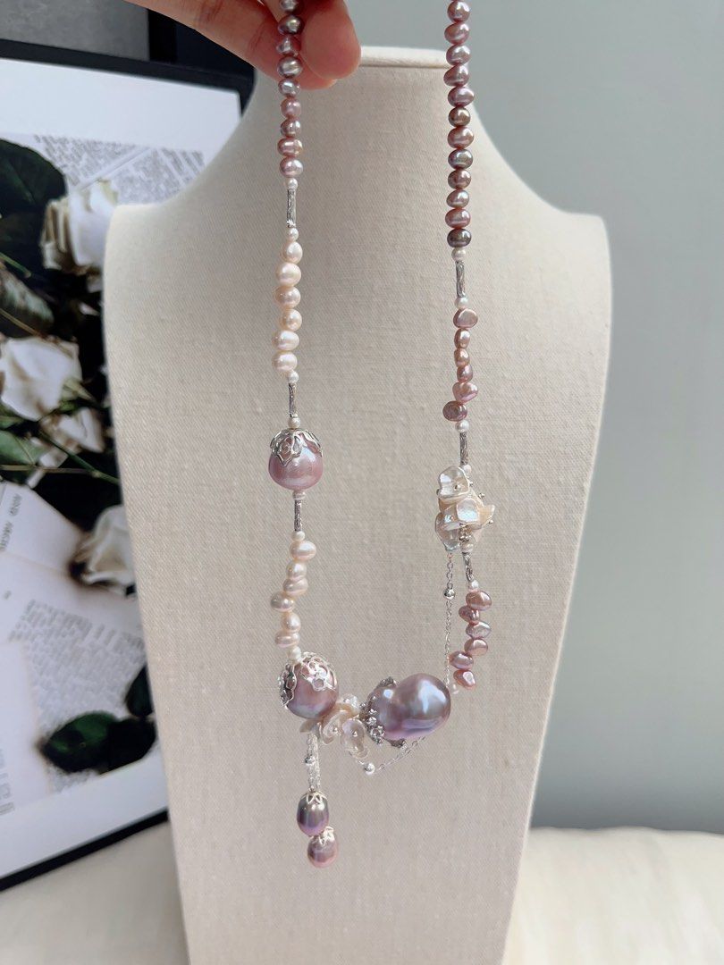 #PN1063 [Floral Series] Freshwater Pearl Necklace | Wheat Ear Rice Pearl | Big Purple Baroque | White Petals | Excellent Lustre | Dangling 🍆 Baroque | Flower Clasp| 41cm| Avocado | Christmas Gift 💝 | Romance Starts