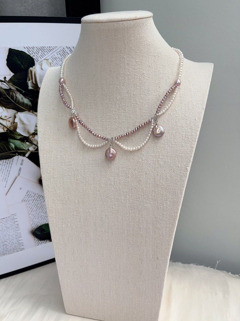 #PN1064 Freshwater Pearl Necklace | Princess On The Run| Lace Braided Design | Simplicity & Elegance | 44cm| Baby Pearl| Lustrous Purple Coin Baroque| Perfect for Christmas Gift 💝
