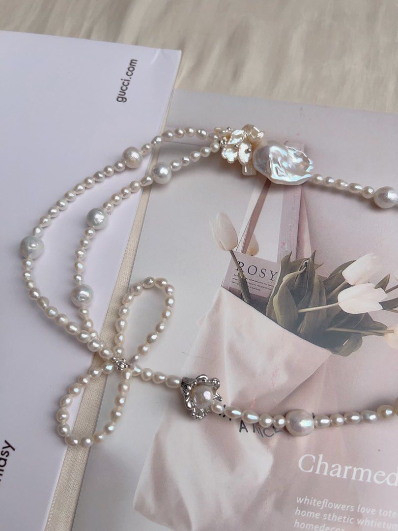 #PN1065 [Floral Series] Asymmetric Design | Big Pearl Ribbon| 2-layer| Petals| Fishtail Baroque | Flower 🌷 Charm| Delicacy Floral Jewelry | 45cm| For Wedding, Anniversary Gift