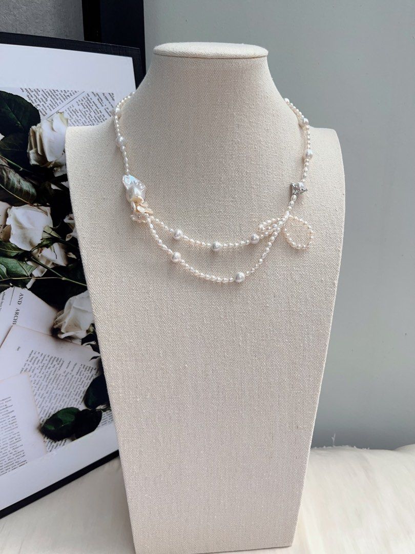 #PN1065 [Floral Series] Asymmetric Design | Big Pearl Ribbon| 2-layer| Petals| Fishtail Baroque | Flower 🌷 Charm| Delicacy Floral Jewelry | 45cm| For Wedding, Anniversary Gift