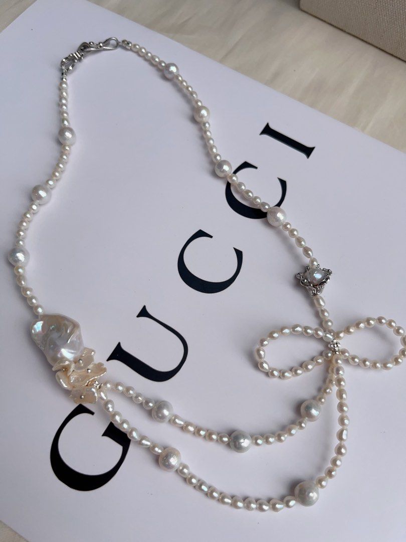 #PN1065 [Floral Series] Asymmetric Design | Big Pearl Ribbon| 2-layer| Petals| Fishtail Baroque | Flower 🌷 Charm| Delicacy Floral Jewelry | 45cm| For Wedding, Anniversary Gift