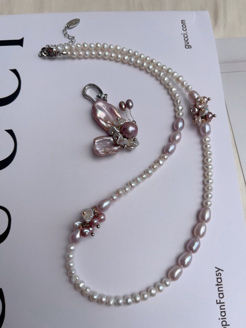 #PN1067 [Floral Series] Freshwater Pearl Necklace | Delicate Pearl Butterfly 🦋 | Detachable Pendant | Petals| Rice Baroque | Dark Purple | Lustrous | 44cm| Natural Wonderland