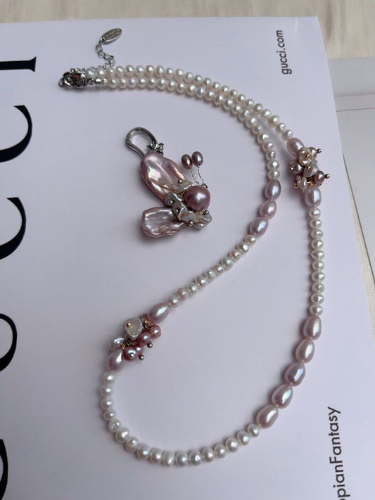 #PN1067 [Floral Series] Freshwater Pearl Necklace | Delicate Pearl Butterfly 🦋 | Detachable Pendant | Petals| Rice Baroque | Dark Purple | Lustrous | 44cm| Natural Wonderland