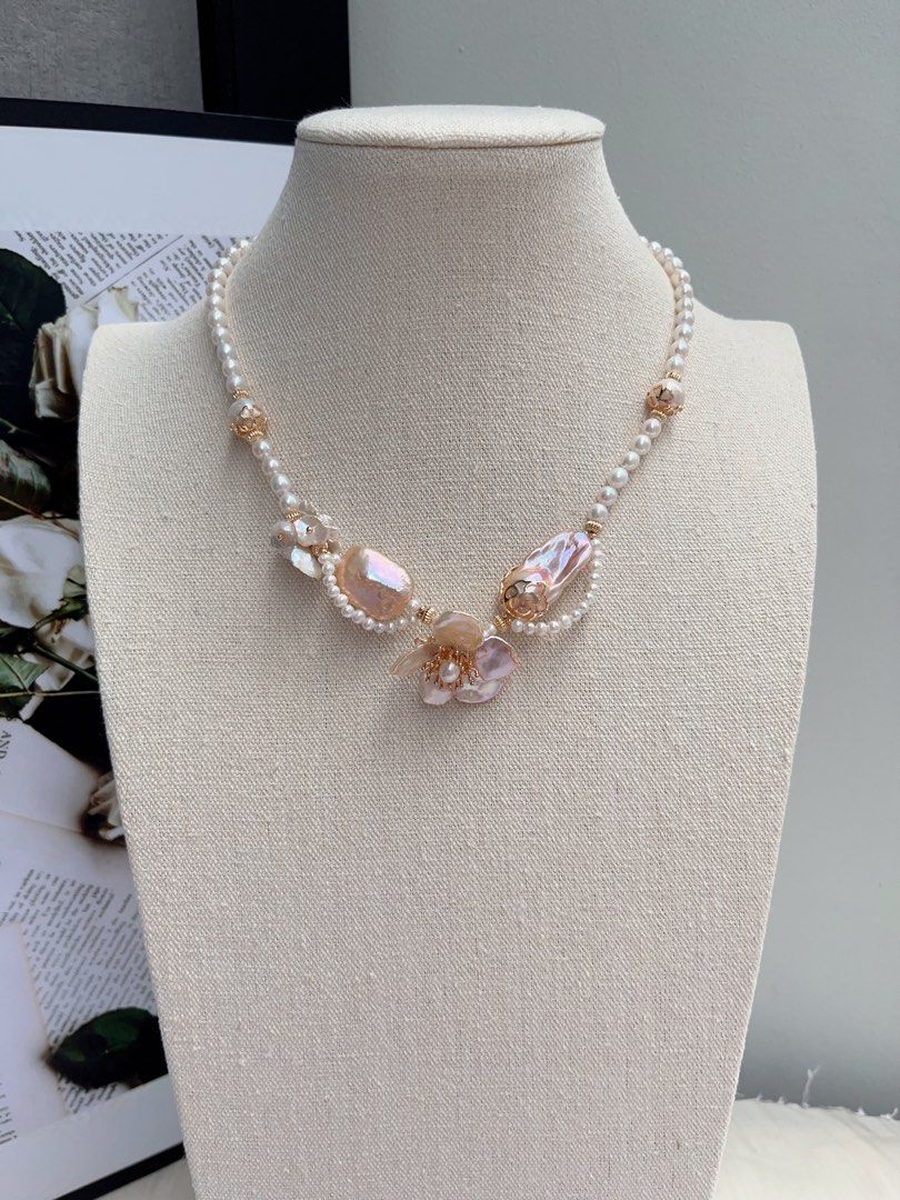 #PN1068 [Floral Series] Freshwater Pearl Necklace | Petals| Laces| Square, Fishtail Baroque | Big Petal Pearl Flower| Lustrous | 42cm| More Than Just Accessories