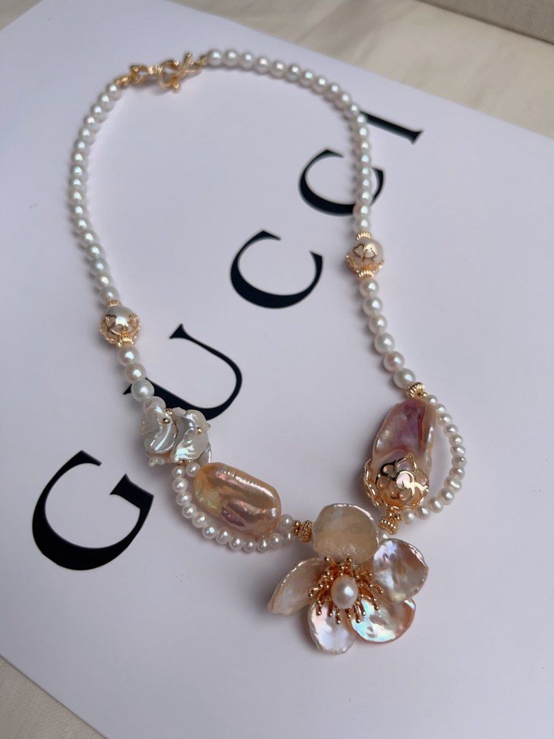 #PN1068 [Floral Series] Freshwater Pearl Necklace | Petals| Laces| Square, Fishtail Baroque | Big Petal Pearl Flower| Lustrous | 42cm| More Than Just Accessories