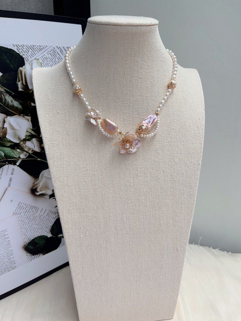 #PN1068 [Floral Series] Freshwater Pearl Necklace | Petals| Laces| Square, Fishtail Baroque | Big Petal Pearl Flower| Lustrous | 42cm| More Than Just Accessories