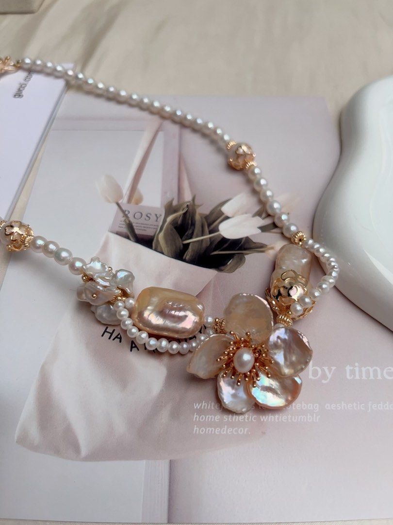 #PN1068 [Floral Series] Freshwater Pearl Necklace | Petals| Laces| Square, Fishtail Baroque | Big Petal Pearl Flower| Lustrous | 42cm| More Than Just Accessories