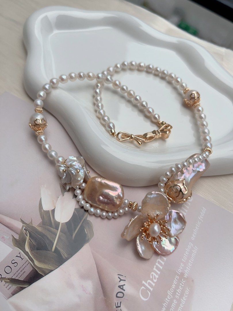 #PN1068 [Floral Series] Freshwater Pearl Necklace | Petals| Laces| Square, Fishtail Baroque | Big Petal Pearl Flower| Lustrous | 42cm| More Than Just Accessories