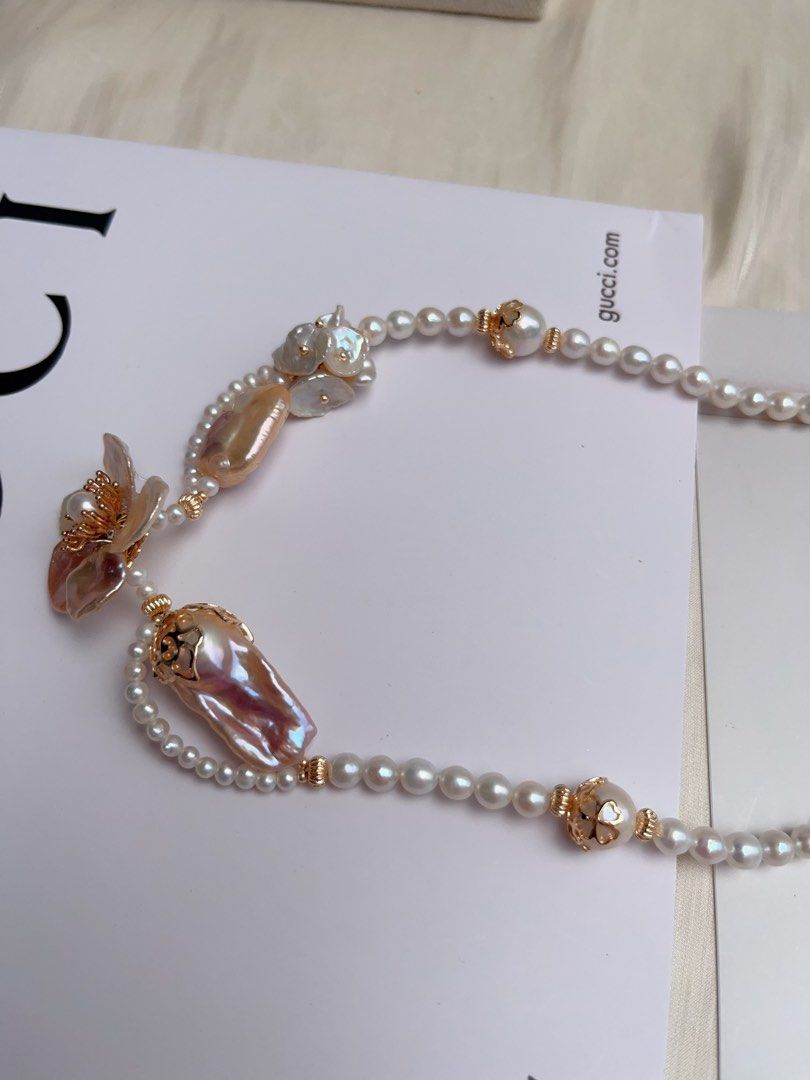 #PN1068 [Floral Series] Freshwater Pearl Necklace | Petals| Laces| Square, Fishtail Baroque | Big Petal Pearl Flower| Lustrous | 42cm| More Than Just Accessories
