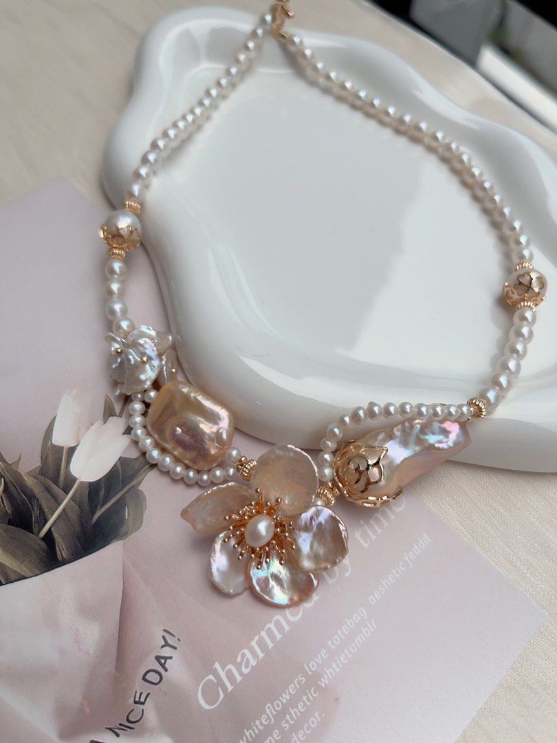 #PN1068 [Floral Series] Freshwater Pearl Necklace | Petals| Laces| Square, Fishtail Baroque | Big Petal Pearl Flower| Lustrous | 42cm| More Than Just Accessories