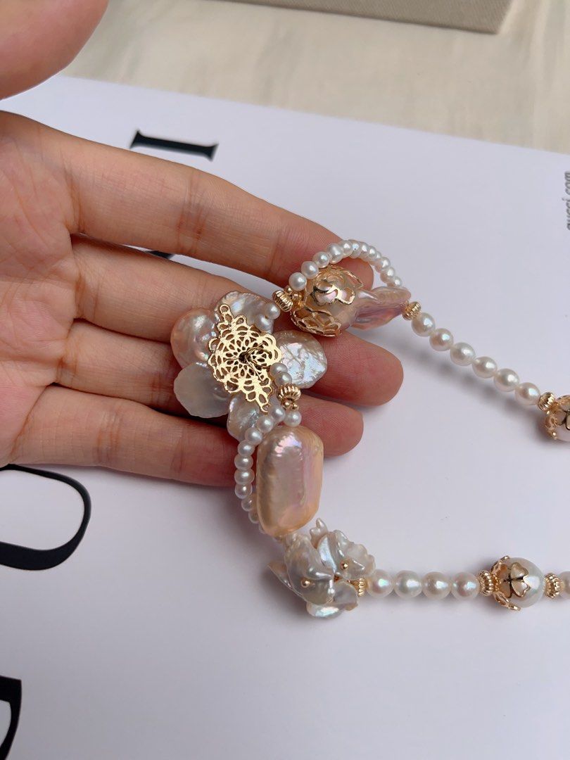 #PN1068 [Floral Series] Freshwater Pearl Necklace | Petals| Laces| Square, Fishtail Baroque | Big Petal Pearl Flower| Lustrous | 42cm| More Than Just Accessories