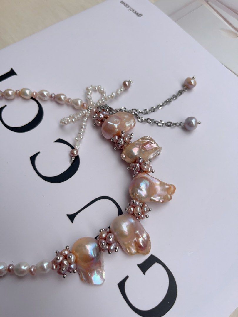 #PN1069 [Floral Series] Freshwater Pearl Necklace | Wisteria| Fishtail Baroque | Baby Pearl Bow Tie Structure | Lustrous | 40+5cm| Natural Defects| You Take The Dominance